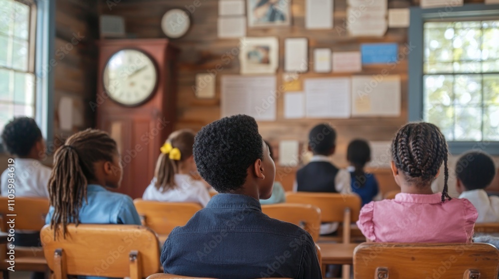 Poster a classroom scene where students learn about the importance of emancipation in shaping modern societ