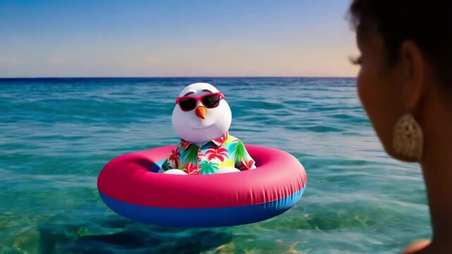 Snowman enjoying a tropical holiday vacation travel, relaxing on an inflatable float in the ocean, wearing a Hawaiian shirt and sunglasses under the bright sun. Video made using Generative AI