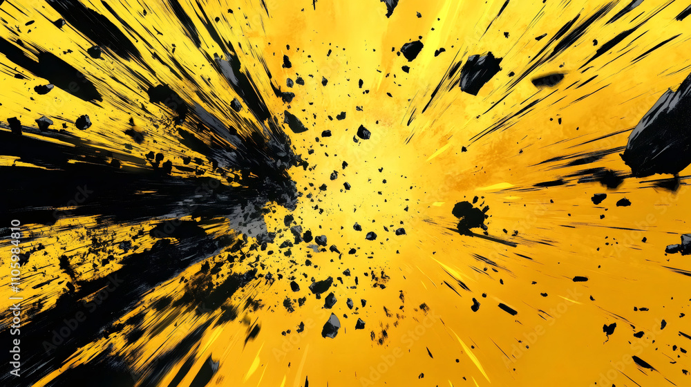 Poster exploding black rocks creating a dramatic visual effect on a textured yellow and orange background: 