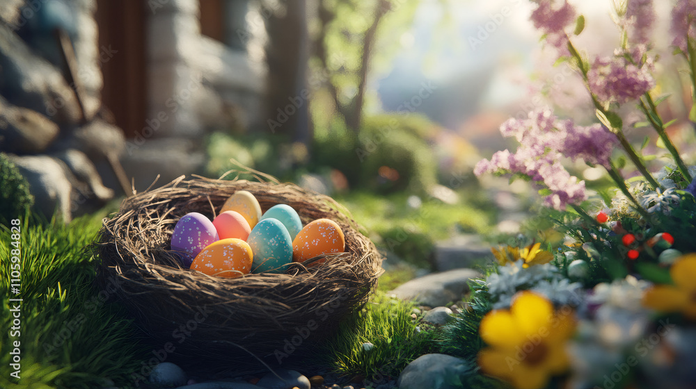 Aufkleber charming easter display with painted eggs nestled in a bird's nest, surrounded by colorful spring bl