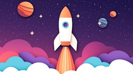Rocket launching into space amidst colorful planets and stars, digital art.
