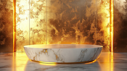 A luxurious marble podium is showcased against a glowing golden backdrop, creating an elegant and sophisticated atmosphere.