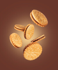 Levitation of crispy cookies with chocolate filling close up in the air on a brown background