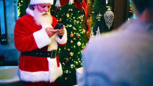 Santa Claus doom scrolling on his phone while sitting in a decorated bathroom, surrounded by festive Christmas decor, blending holiday charm with modern technology. Video made using Generative AI