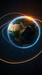 Fototapeta premium Earth with light trails, symbolizing global communication tech.