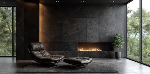 Modern Dark Lounge Room With Fireplace And Leather Seating