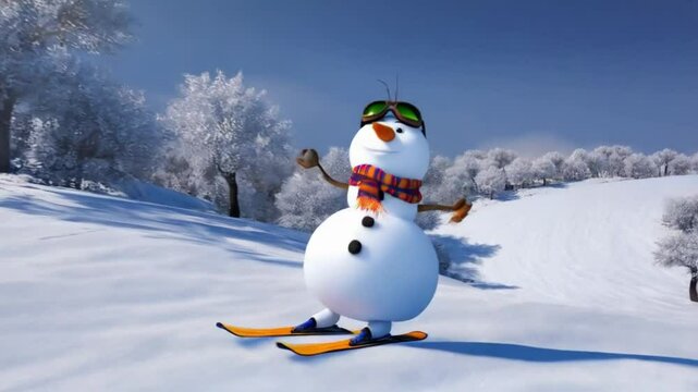 Ski winter vacation holidays concept. Snowman enjoying winter sports, skiing down a snowy slope in a cheerful holiday scene. Video made using Generative AI
