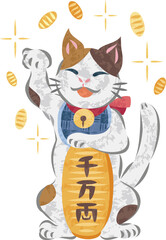 小判と笑顔の招き猫のイラスト　三毛猫