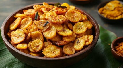 Fototapeta premium Bowl of crispy fried banana chips, seasoned with spices, rests on a banana leaf.