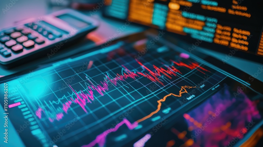 Poster a close-up of a financial report showcasing colorful stock charts and graphs, with a calculator and 