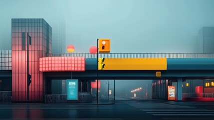 Futuristic cityscape with illuminated buildings and colorful signage on a foggy street at night, featuring modern architecture and vibrant neon lights.