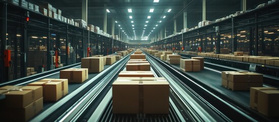 Cardboard boxes moving along conveyor belts in a warehouse.