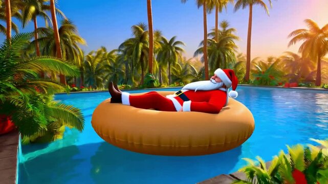 Santa Claus floating on a donut-shaped pool float in a tropical paradise, surrounded by palm trees enjoying a Christmas vacation under the sunny sky. Video made using Generative AI