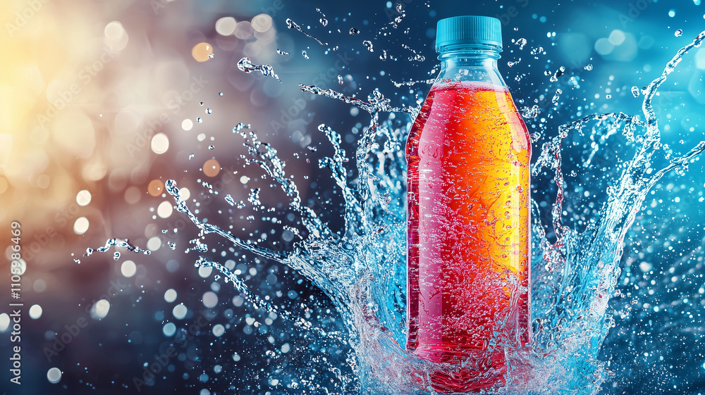 Poster vibrant sports drink bottle with splashes of liquid, creating energetic and refreshing scene. colorf