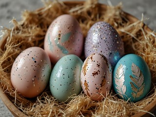 Easter-themed pastel eggs with sequins and feathers.