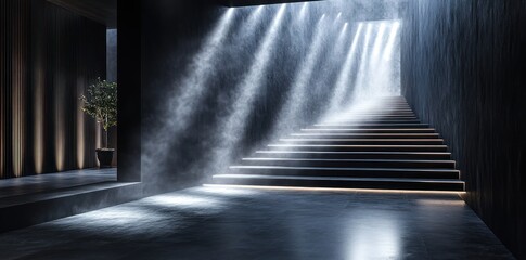 Obraz premium Modern Dark Staircase Illuminated By Light Beams