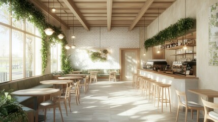 Fototapeta premium Sunlit cafe interior with wooden furniture, plants, and bar.