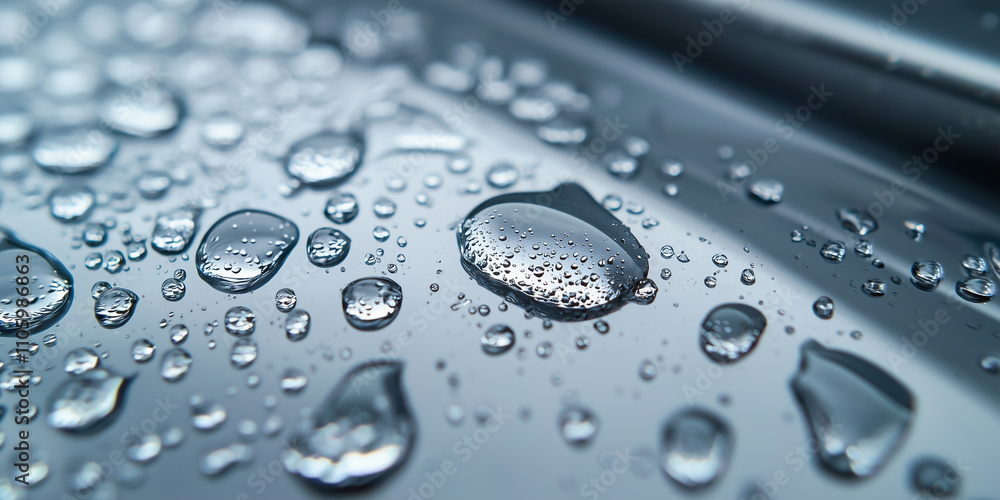 Aufkleber Close up of water droplets on smooth surface, reflecting light and creating serene atmosphere. droplets vary in size, adding texture and depth to image.