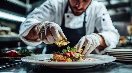 A chef garnishes a plate with edible gold leaf, adding a luxurious touch to the dish and showcasing the artistry of fine dining