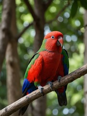 Obraz premium Eclectus parrots perched side by side.
