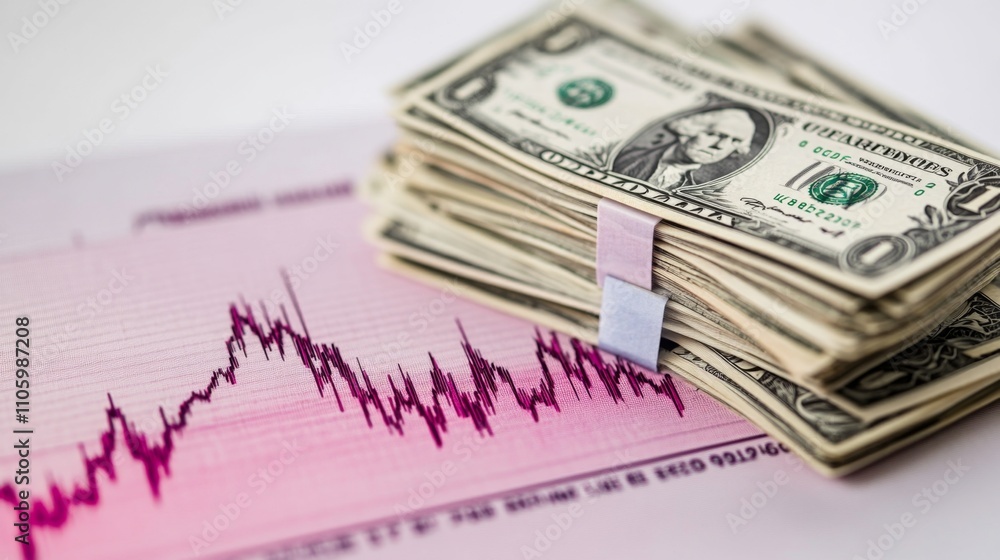 Poster stack of dollar bills with declining interest rate chart background