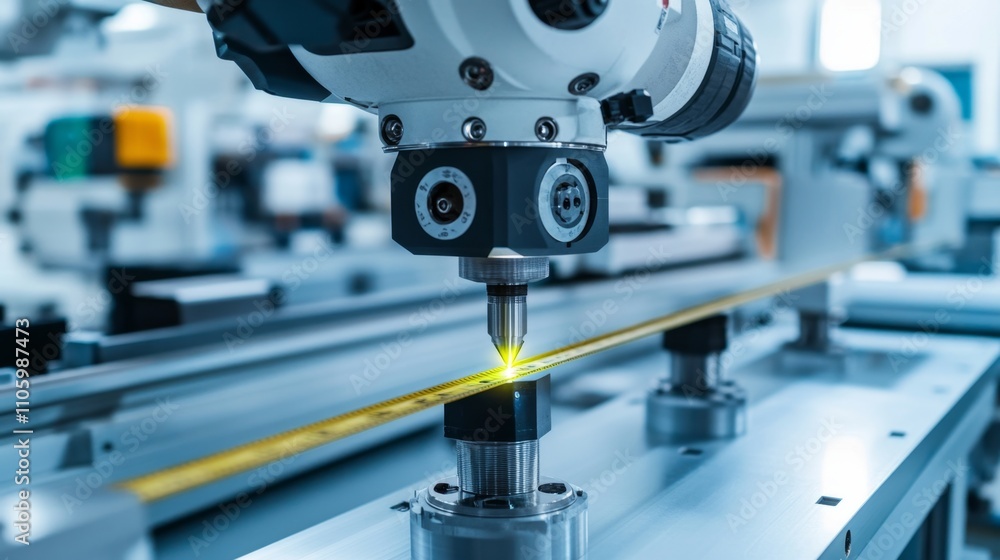 Poster technician using laser for precision product alignment check