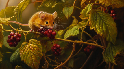 Harvest mouse on a plant-eating berries.
