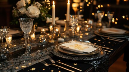 Black table runner with golden text and sparkling silver placemats