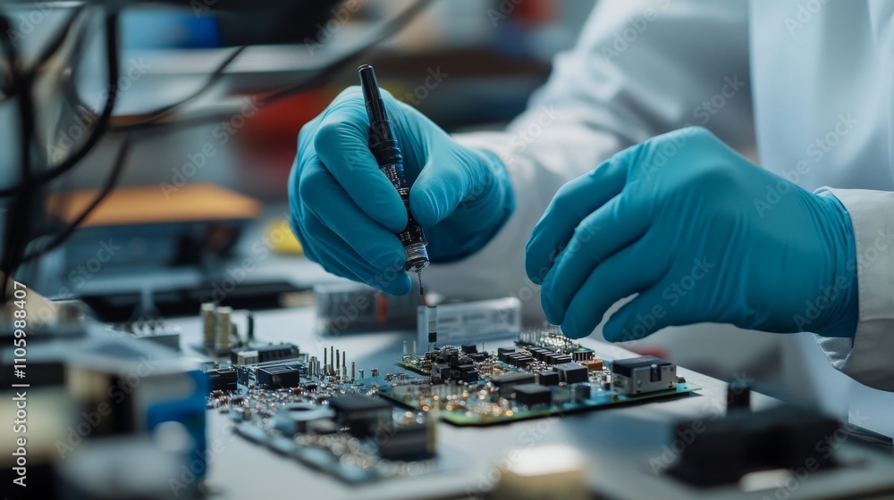 Poster worker in gloves testing electronic components on circuit board