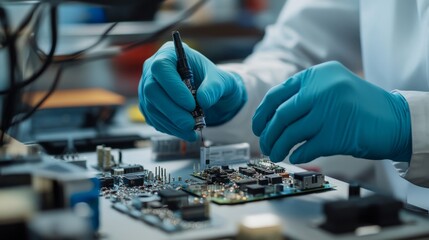 Worker in Gloves Testing Electronic Components on Circuit Board