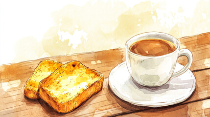 Illustration of coffee and toast, hand-drawn, on a wooden table, in a watercolor style, high resolution