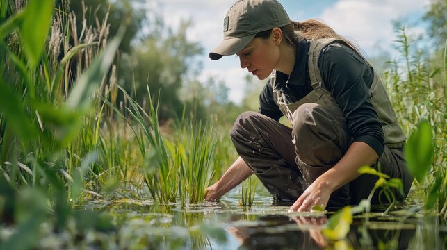 A biologist studies the ecology of a wetland ecosystem observing how plants and animals interact with their environment to maintain balance