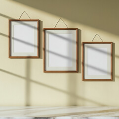 Trio of wooden frames on a sunny beige wall with shadow play decor.
