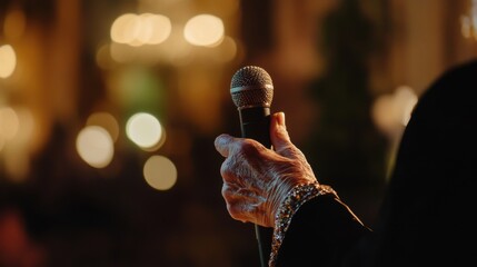 Obraz premium Elderly Womans Hand Holding Microphone at Elegant Evening Event