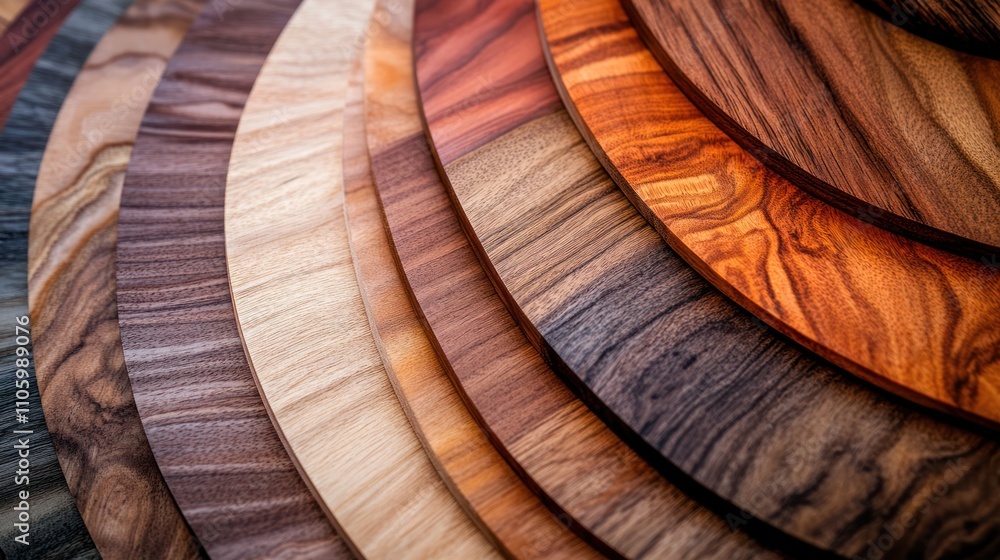 Poster a collection of circular wooden samples with different grain patterns and colors arranged in a row.