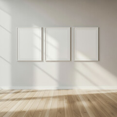 Bright minimalist interior with wooden flooring and three white framed artworks.