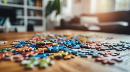 Naklejka premium A close-up of colorful jigsaw puzzle pieces scattered on a wooden table, with a partially completed puzzle in the background, inviting the viewer to engage with the challenge