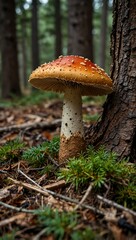 Edible mushroom in a pine forest.