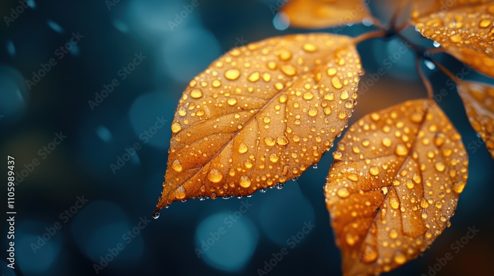 Poster autumn leaves dewy closeup: a delicate, macro image of two autumn leaves with a soft bokeh backgroun