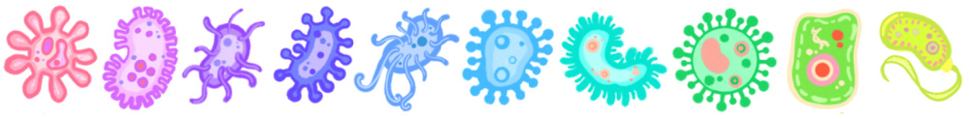 Bacteria and germ in circle. Bacterias, disease cells and germs in round frame. Human diseases cartoon vector illustration set. Bacteria biology, bacterium virus, microorganism infection