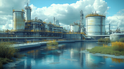 Obraz premium Industrial Refinery with Large Storage Tanks and Reflective Water Landscape