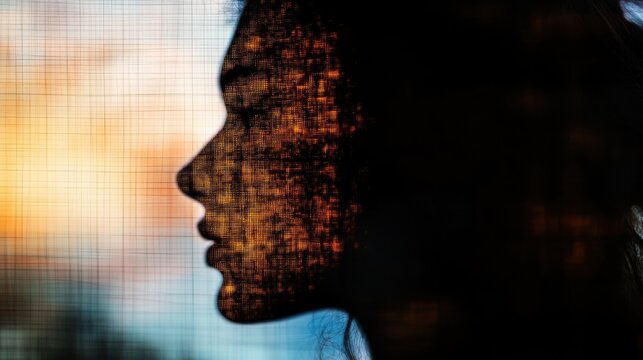 Digital Sunset Silhouette Womans Face, Grid Pattern, Orange Glow