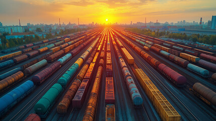 Cargo Train Yard with Multiple Tracks at Sunset in Urban Landscape