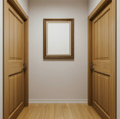 Hallway with wooden doors and ornate blank frame on the wall