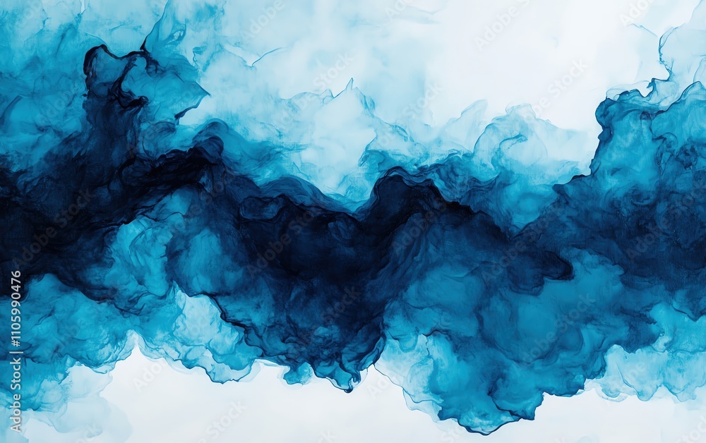 Poster abstract blue ink swirl on a white background, creating a calming and tranquil effect.