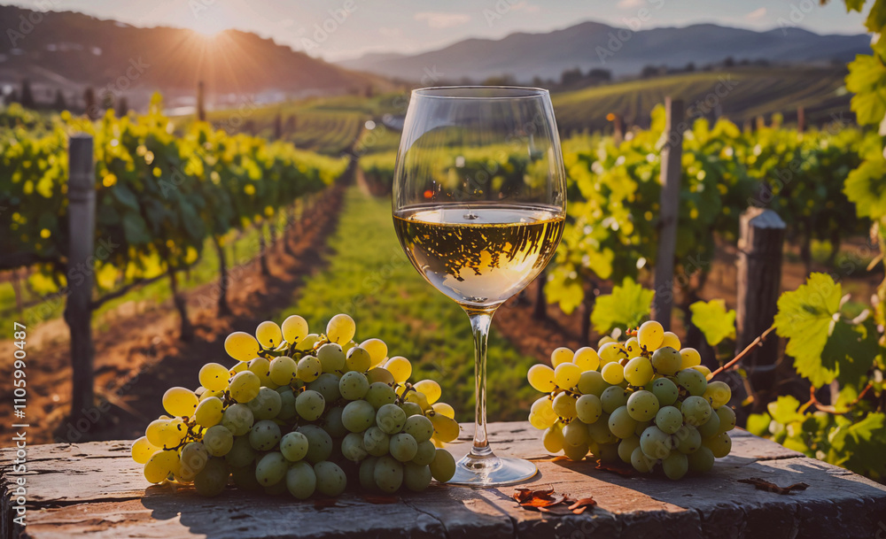 Poster Wine glass filled with white wine is placed on a table next to a bunch of grapes. The grapes are arranged in a cluster, with some grapes on the table and others hanging from a nearby vine