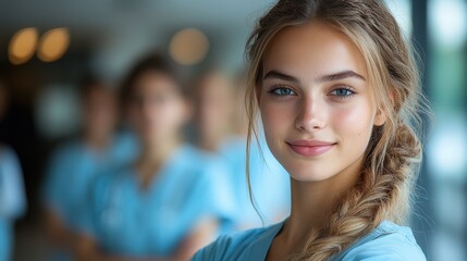 Nursing students attending practical classes in scrubs, learning anatomy and clinical skills in a realistic university setting, for a professional look.