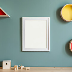Playful children�s room with blank frame on teal wall and wooden decor