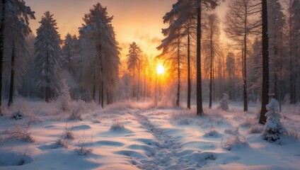 Golden Sunset Light in Winter Woods
