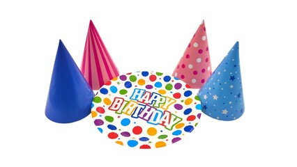 Photo of colorful party hats and a "Happy Birthday" plate isolated on a white background, ideal for celebratory themes, party decorations, and festive event designs.